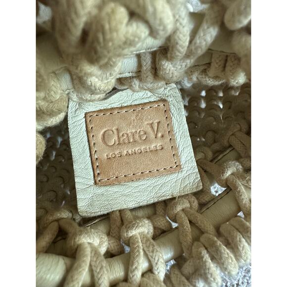 Clare V. Sandy Drawstring Clutch crocheted ivory cotton leather handles bag - Picture 12 of 16